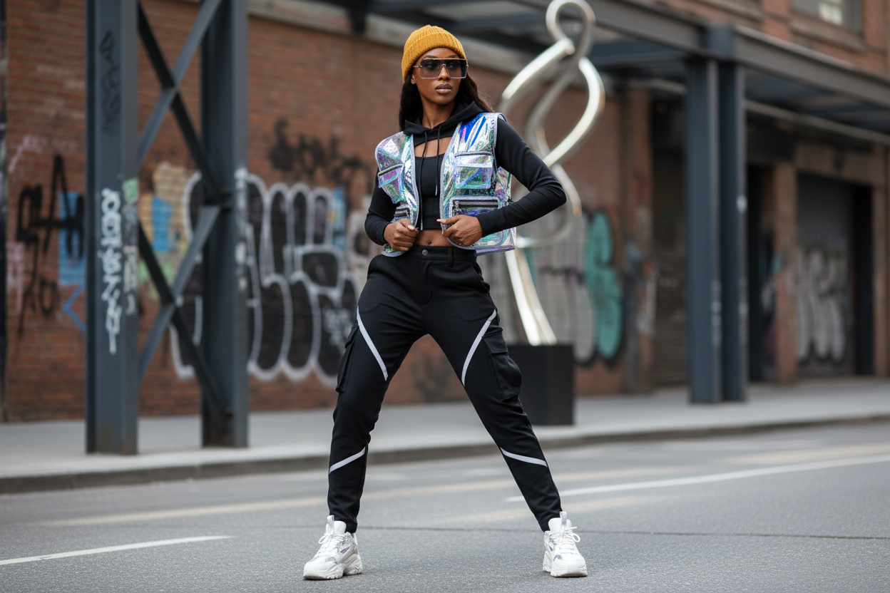 can she be a light skinned black woman in form fitting street apparel 